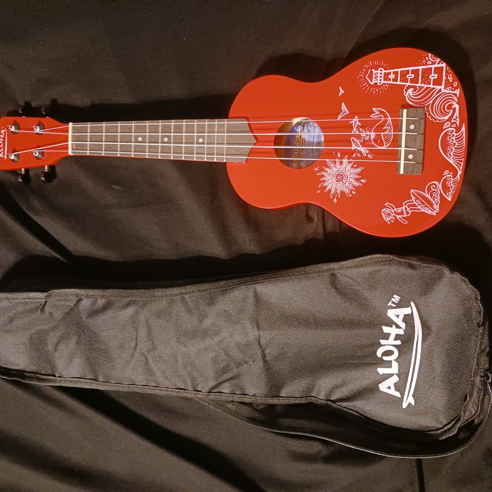 Aloha Red Ukulele with White Design